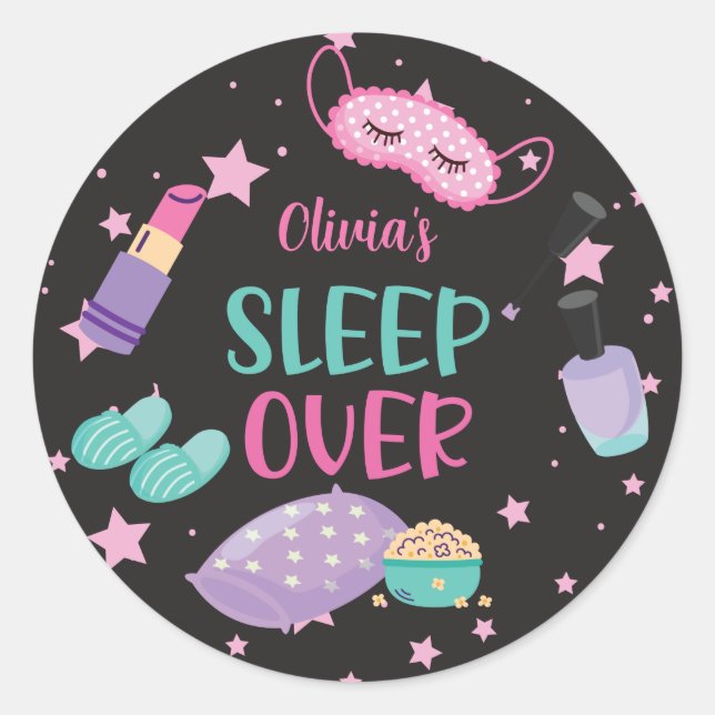Sleepover slumber party pink purple tween paper pl classic round sticker (Front)