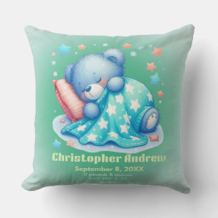 Sleepy Bear Baby Boy Birth Stats Throw Pillow