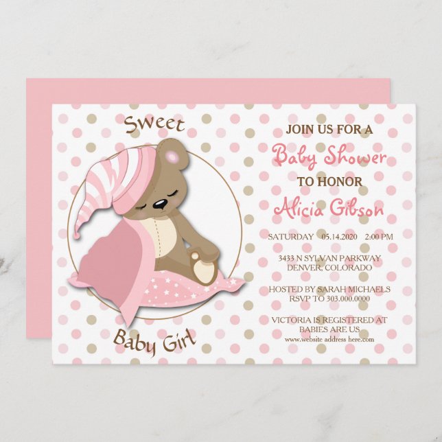 Sleepy Bear Baby Girl Shower Invitation (Front/Back)