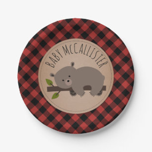 Sleepy Bear Cub Lumberjack Plaid Baby Shower Paper Plate