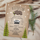 Sleepy Bear Cub  Mountains Baby Shower Invitation<br><div class="desc">A baby shower invitation featuring an illustration of a baby bear lounging on a tree branch surrounded by stars.  Mountain illustration and trees at bottom. Personalize the text.  Background is card stock inspired.</div>