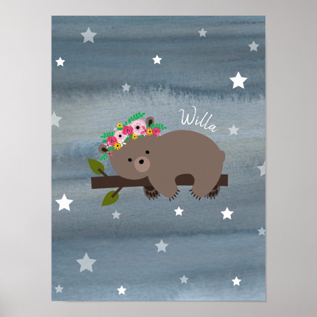 Sleepy Bear Cub Watercolor Floral Baby Nursery Poster (Front)