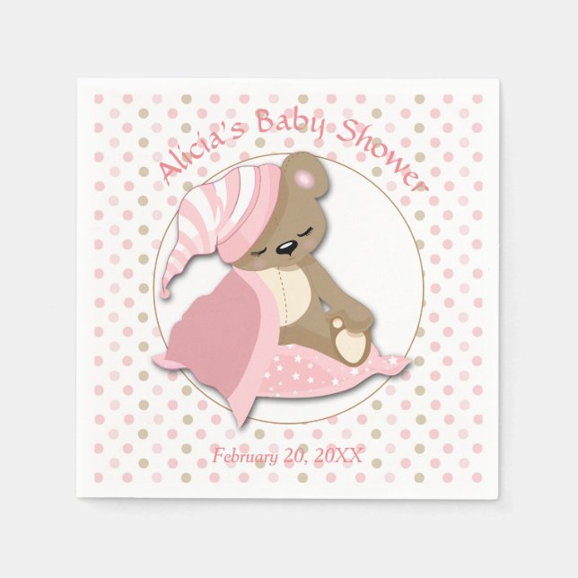 Sleepy Bear Girl Baby Shower Napkin (Front)