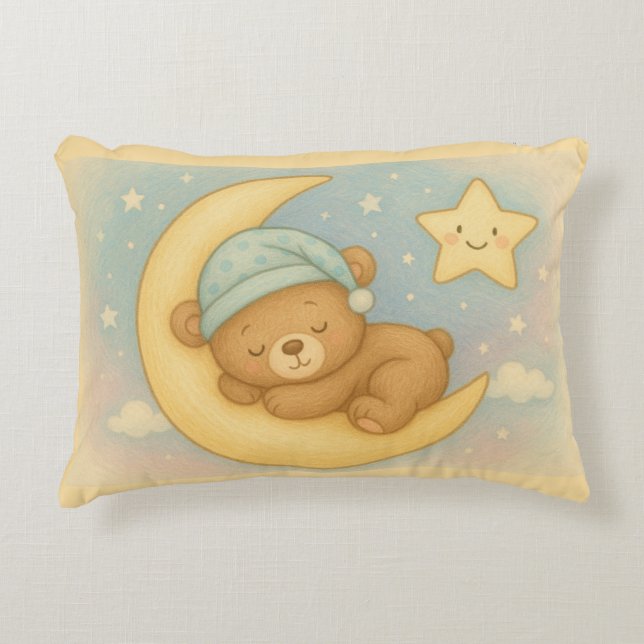 Sleepy Bear on the Moon – Soft Pastel Baby Pillow  (Front)