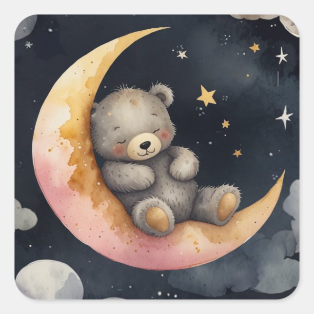  Sleepy Bear on the Moon Square Sticker (Front)