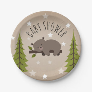 Sleepy Bear Stars + Trees Baby Shower Paper Plate