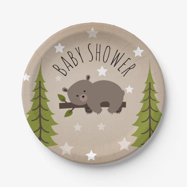 Sleepy Bear Stars + Trees Baby Shower Paper Plate (Front)