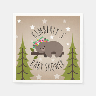 Sleepy Bear Stars + Trees Floral Baby Shower Napkin