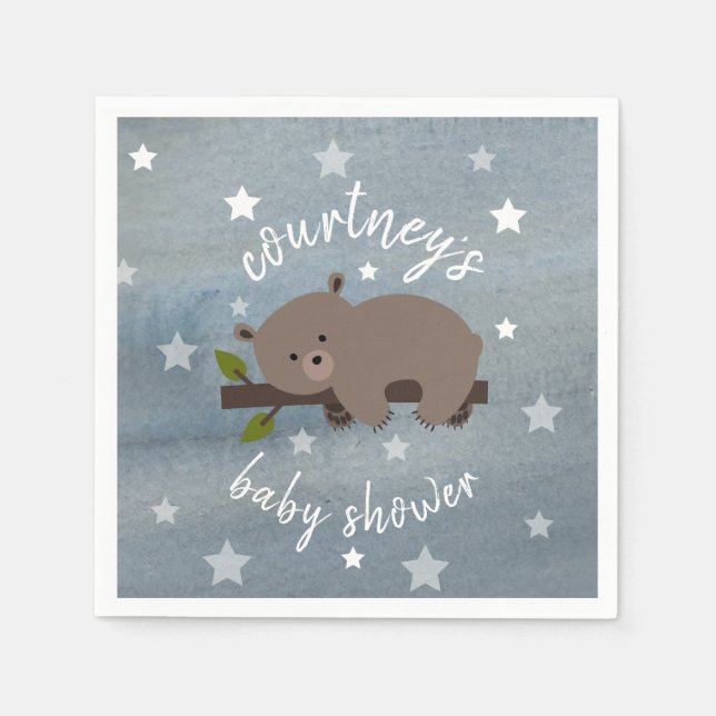 Sleepy Bear Stars + Watercolor  Baby Shower Napkin (Front)