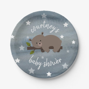 Sleepy Bear Stars Watercolor Baby Shower Paper Plate