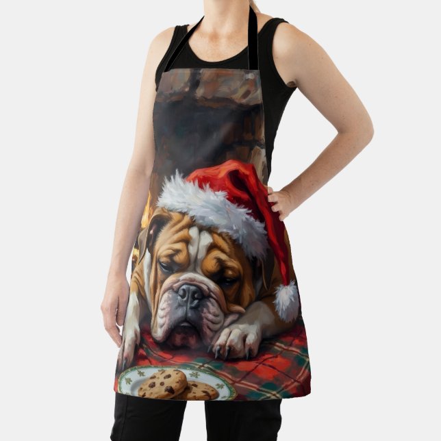 Sleepy Bulldog Dog Fast Asleep Santa Hat Christmas Apron (Insitu)