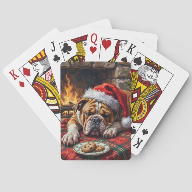 Sleepy Bulldog Dog Fast Asleep Santa Hat Christmas Playing Cards (Back)