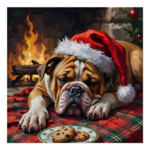 Sleepy Bulldog Dog Fast Asleep Santa Hat Christmas Poster