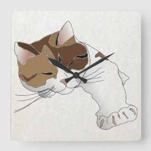sleepy calico cat square wall clock