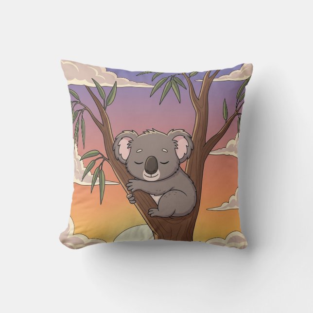 Sleepy Cartoon Koala on Tree at Sunset Throw Pillow (Front)