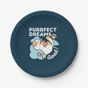Sleepy Cat Hugging Star – Purrfect Dreams Cute Cat Paper Plate