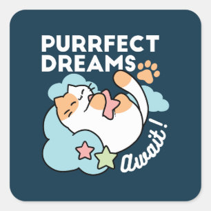Sleepy Cat Hugging Star – Purrfect Dreams Cute Cat Square Sticker
