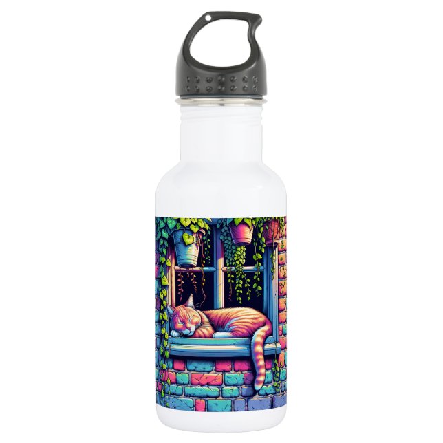 Sleepy Cat in Window Sill Ai Art 532 Ml Water Bottle (Front)