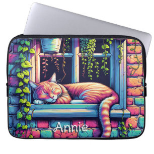 Sleepy Cat in Window Sill Ai Art Personalized Laptop Sleeve