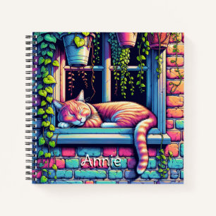 Sleepy Cat in Window Sill Ai Art Personalized Notebook