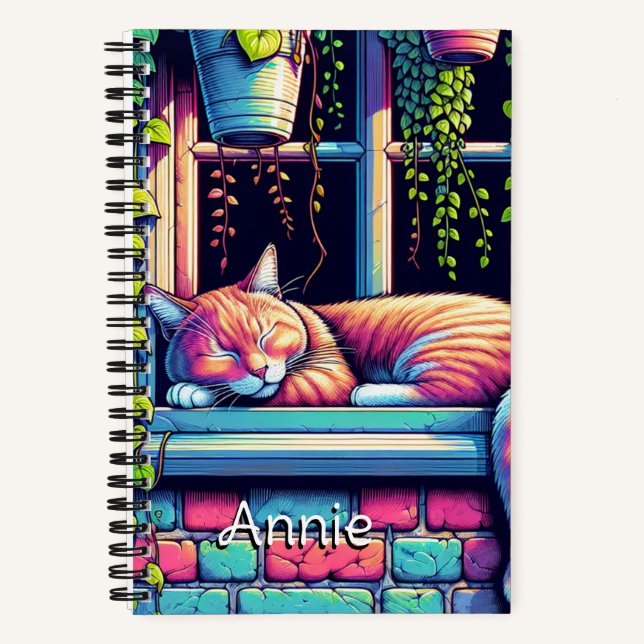 Sleepy Cat in Window Sill Ai Art Personalized Notebook (Front)