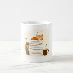 Sleepy Cat on Book Stack Mug