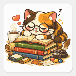 Sleepy Cat on Books   Cozy Book Lover Cat Design Square Sticker