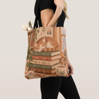 Sleepy Cat on Books Cozy Reading Nook Illustration Tote Bag