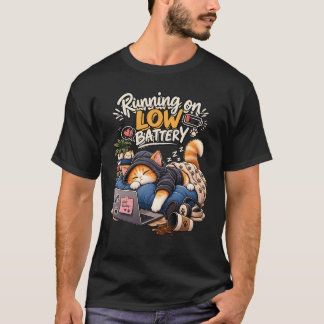Sleepy Cat Running on Low Battery Cozy Cat Humour T-Shirt