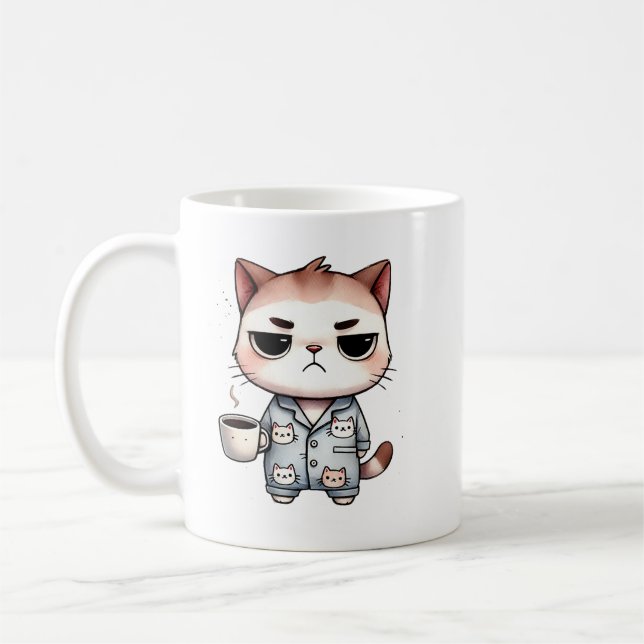 Sleepy Cat with Coffee, Grumpy Kitten, Pajama Cat Coffee Mug (Left)
