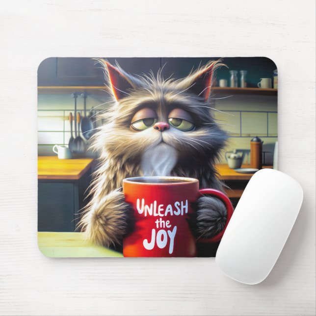 Sleepy Cat With Funny Red Coffee Mug Mouse Pad (With Mouse)