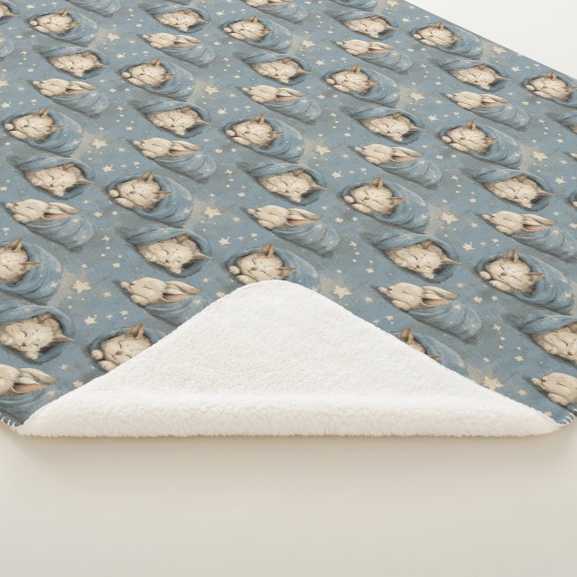 Sleepy Cats Under Starry Sky Cozy Blue Pattern Sherpa Blanket (3/4)
