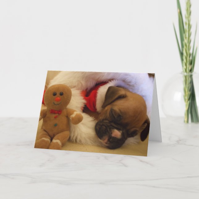 Sleepy Christmas Boxer Puppy greeting card (Front)