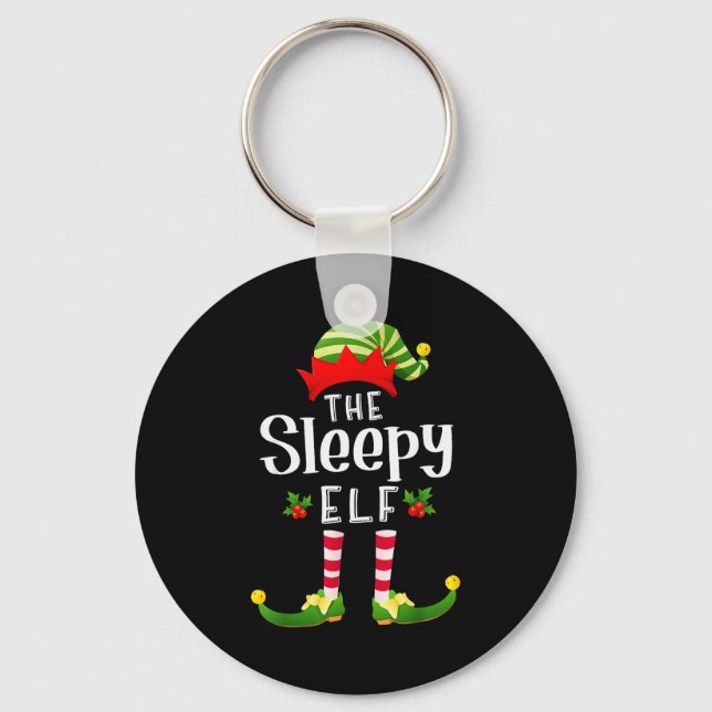Sleepy Christmas Elf Matching Pajama X-mas Party  Keychain (Front)