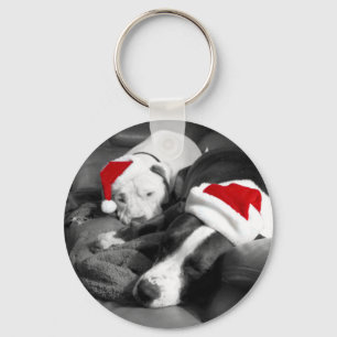 sleepy christmas pitbull puppies adorable santa keychain
