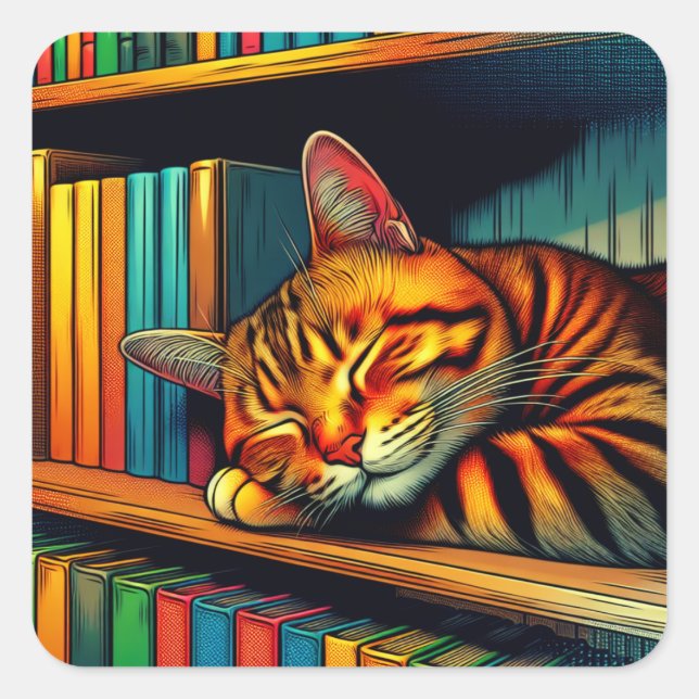 Sleepy Comic Book Style Cat Sleeping Square Sticker (Front)