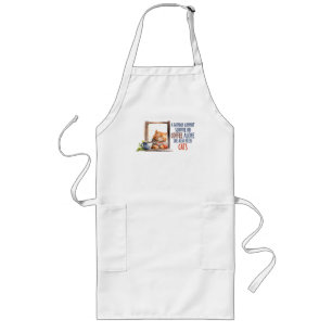 Sleepy Cute Orange Cat with Cup of Coffee Long Apron