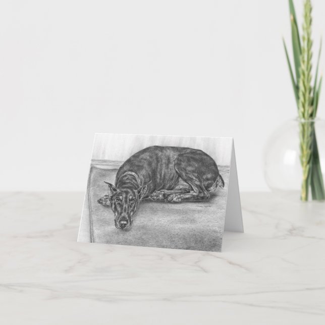 Sleepy Doberman Pinscher Dog Drawing by Kelli Swan Card (Front)