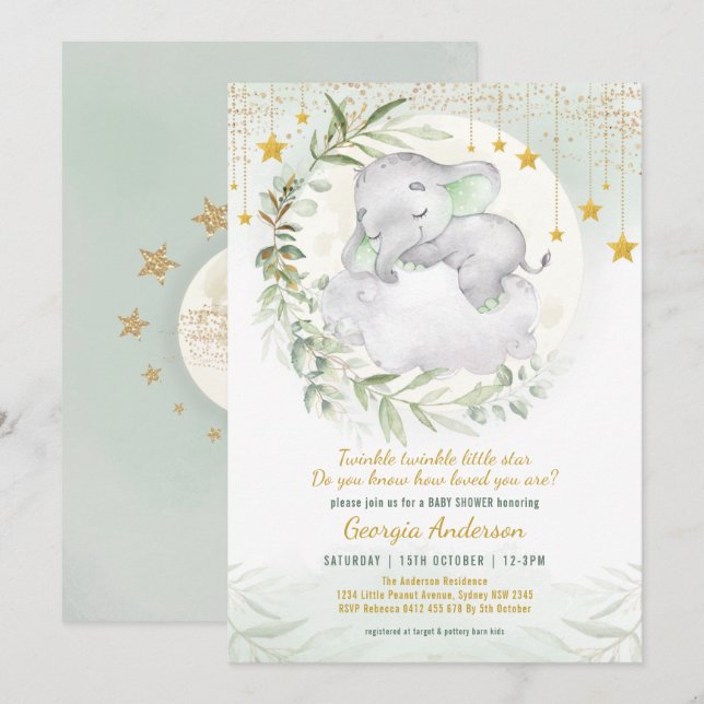 Sleepy Elephant Greenery Twinkle Star Baby Shower Invitation (Front/Back)