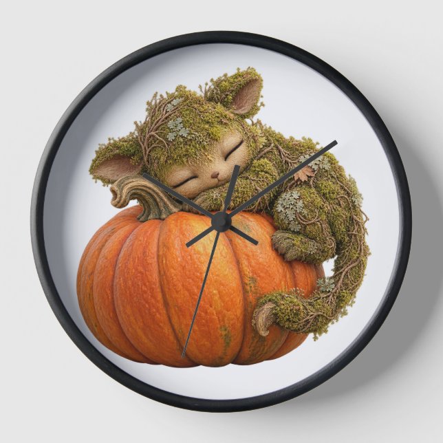 Sleepy Fantasy Creature Hugging Pumpkin Wall Clock (Front)