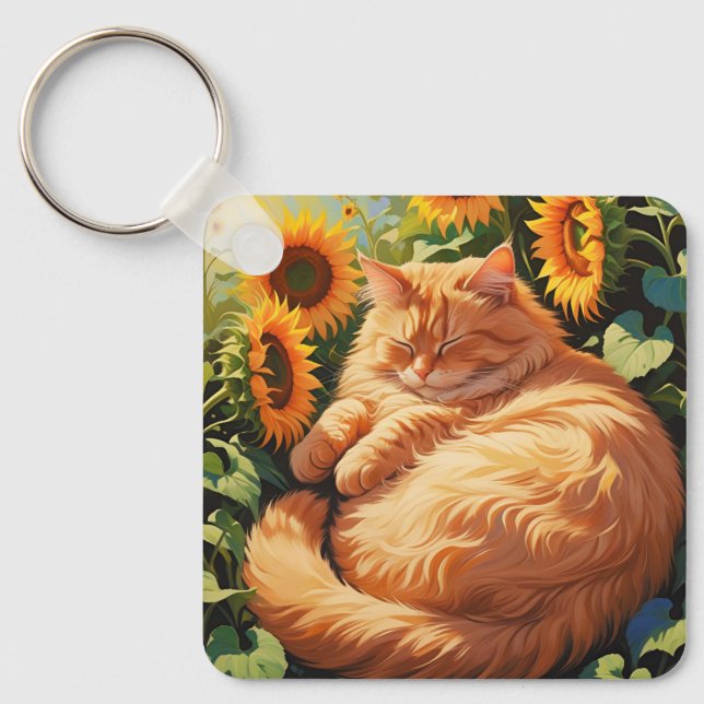 Sleepy Fat Orange Cat with Sunflowers Keychain (Front)