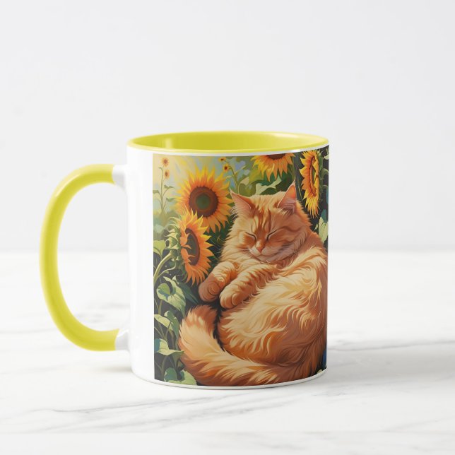 Sleepy Fat Orange Cat with Sunflowers Mug (Left)