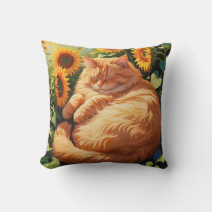 Sleepy Fat Orange Cat with Sunflowers Throw Pillow