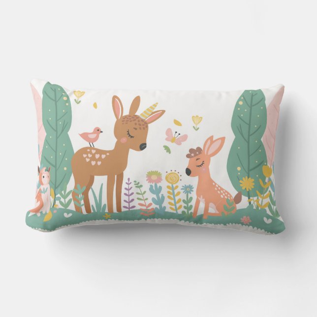 Sleepy fawns with flowers lumbar pillow (Front)