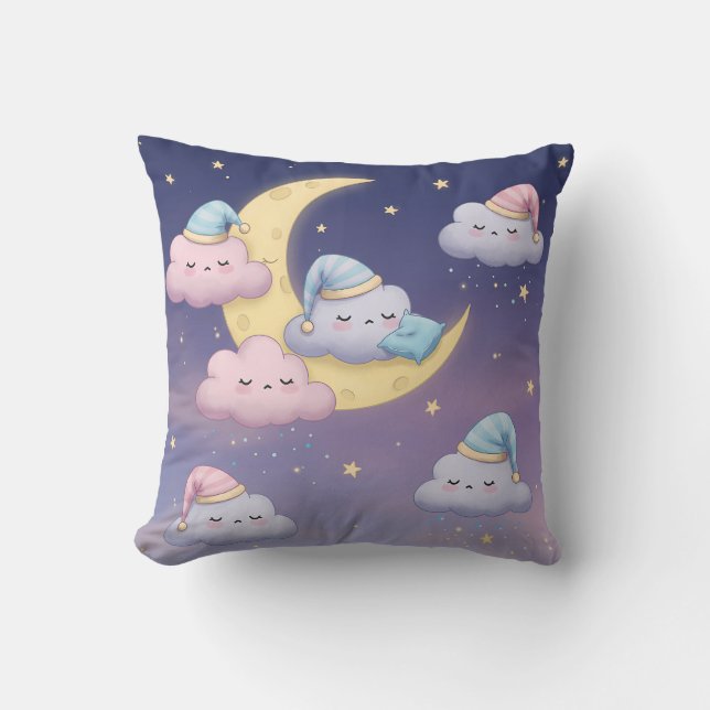 Sleepy Fluffy Clouds on Dreamy Pastel Sky Throw Pillow (Front)