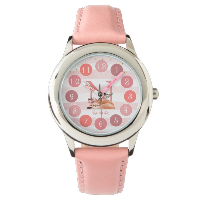 Sleepy Fox Illustration Sweet Monogram Girl Gift Watch (Front)