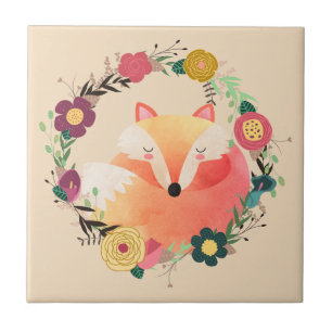 Sleepy Fox in Floral Wreath Tile