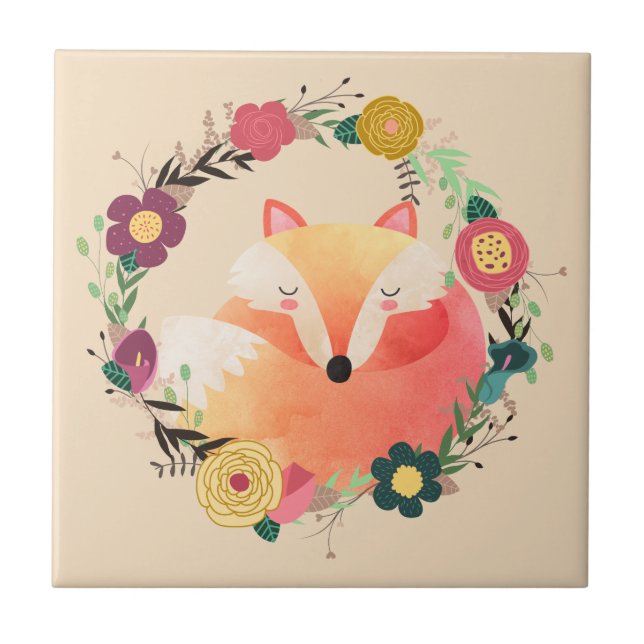 Sleepy Fox in Floral Wreath Tile (Front)