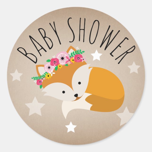 Sleepy Fox Stars Girl Baby shower Sticker (Devant)