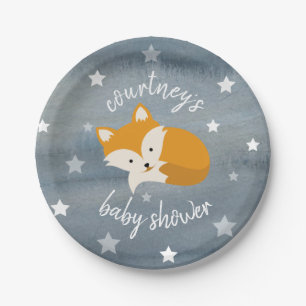 Sleepy Fox Stars Watercolor Baby Shower Paper Plate